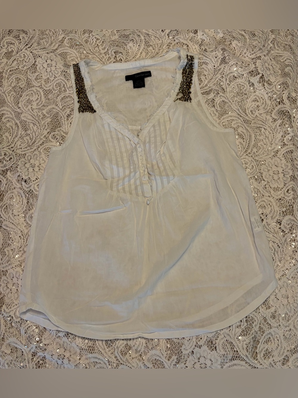 Calvin Klein Pre-loved Women’s White Sleeveless Beaded Top Size SP